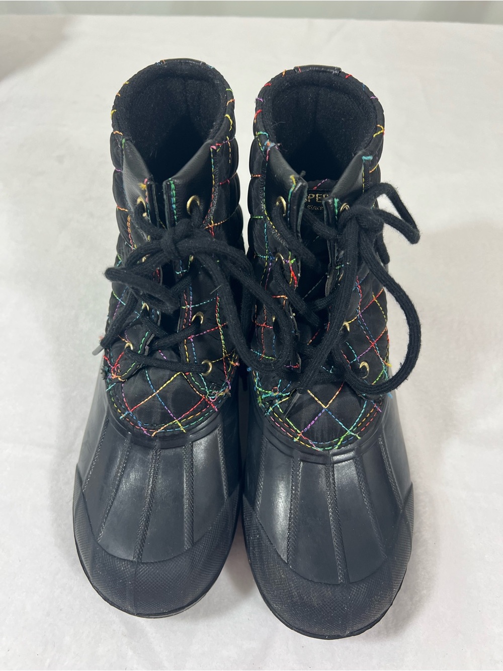 Sperry Black Quilted Kids Duck Boots with Rainbow Stitching